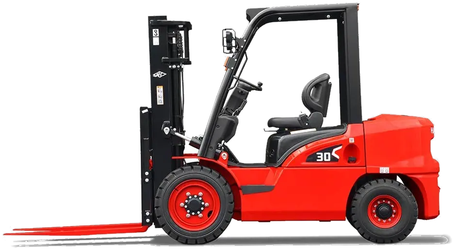 Autoelevador Hangcha Serie X rojo, vista lateral: torre, uñas bajas, cabina abierta con techo protector y contrapeso trasero